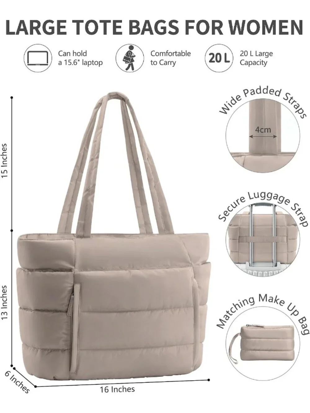 👜Women's Oatmeal Puffer Tote Bag 16 Pockets Work Gym Travel Laptop Handbag